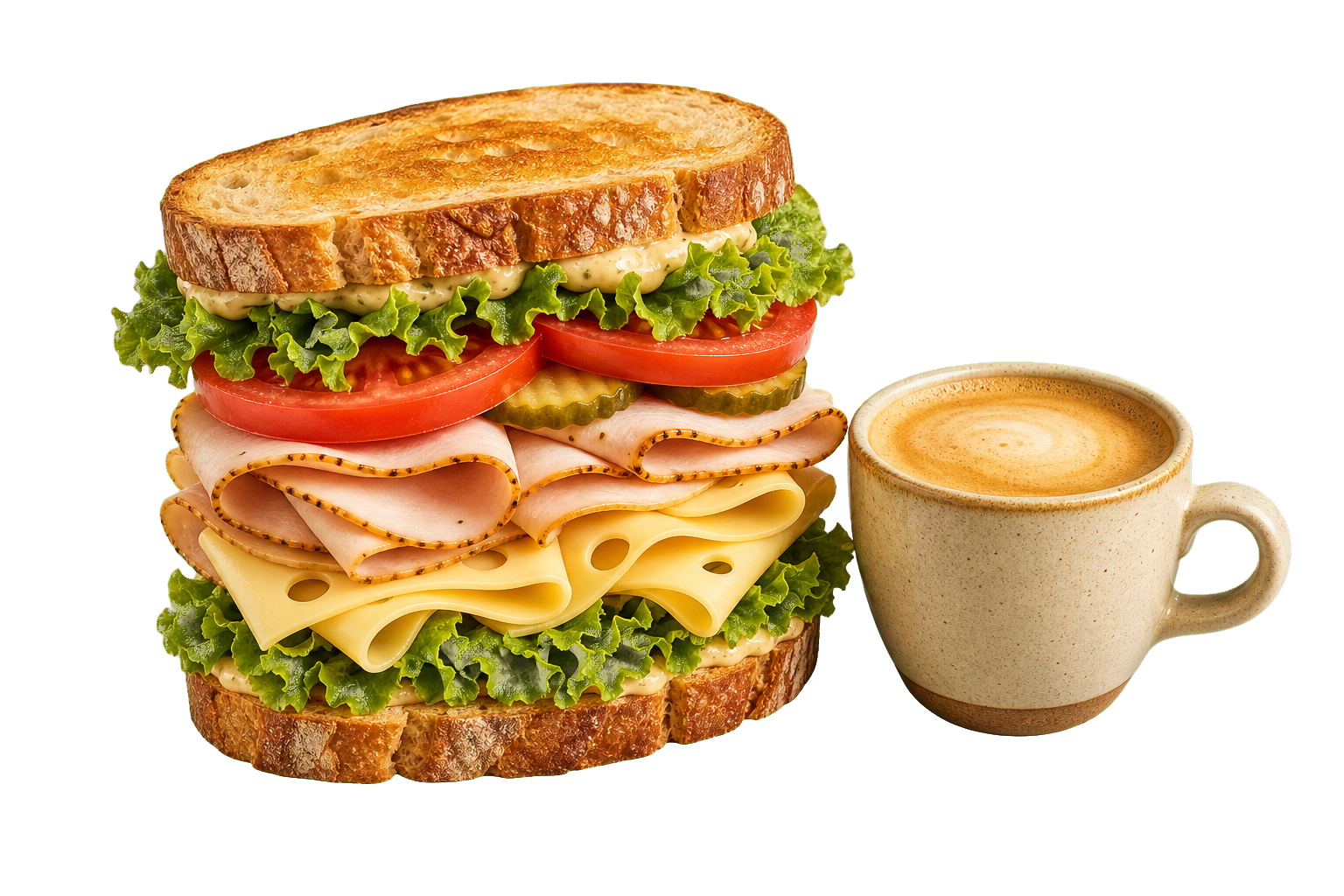 A stacked toasted sourdough sandwich beside a ceramic coffee cup.